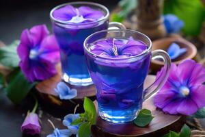 ai gerado clitoria ternatea, ervas chá, roxa azul flor e beber . minuman bunga telang, generativo ai foto