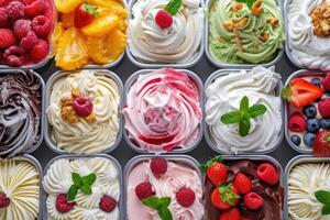 ai gerado sorvete abundância-Itália doce congeladas delícias, plano deitar Visão foto