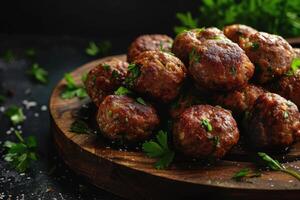 ai gerado Cordeiro kofta almôndegas dentro Sombrio cozinha fundo ,koftas estão a indiano cozinha. generativo ai foto