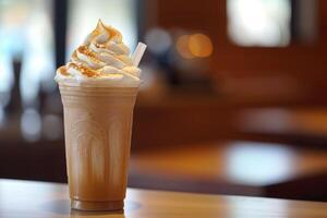 ai gerado doce bênção, bebericando em uma caramelo frappuccino com açoitado creme. generativo ai foto