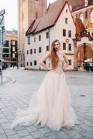 uma noiva dentro uma Casamento vestir com grandes cabelo dentro a velho Cidade do Breslávia. Casamento foto tiro dentro a Centro do a antigo cidade dentro polônia.wroclaw, Polônia