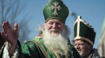 ai gerado examinar a tradições associado com st. patrick's dia. vestindo verde chapéu e vestir foto