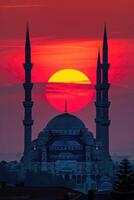 ai gerado majestoso pôr do sol atrás mesquita minaretes dentro tranquilo tarde. foto