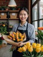 ai gerado ásia mulher florista coleta uma ramalhete do tulipas- fresco cortar flores dentro caixas e vasos dentro flor fazer compras e prateleiras para oferta, Entrega para a feriado. primavera, marcha 8, mulheres dia, aniversário. foto