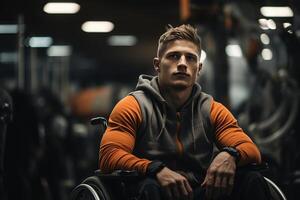 ai gerado paraolímpico, retrato do uma Forte jovem masculino atleta com uma incapacidade em uma cadeira de rodas dentro Academia foto