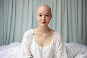ai gerado quimioterapia, fofa Careca jovem mulher sofrimento a partir de infecção ou tumor sentado em cama dentro hospital quarto e olhando às Câmera foto