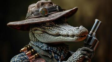 ai gerado crocodilo dentro uma à moda chapéu brande uma arma de fogo com confiança, ai gerado foto