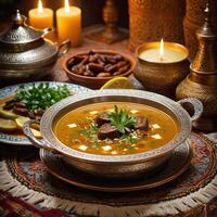 ai gerado Harira - tradicional marroquino Cordeiro sopa em a Ramadã feriado mesa foto