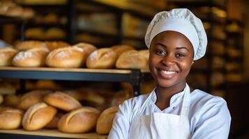 ai gerado sorridente africano fêmea padeiros olhando às câmera..chefs padeiro dentro uma chefe de cozinha vestir e ha, foto