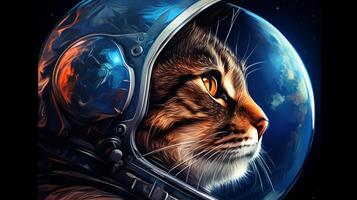 ai gerado uma gato dentro a astronauta capacete olhares fixos para dentro espaço, com terra refletido dentro a viseira, conjunto contra uma estrelado pano de fundo foto