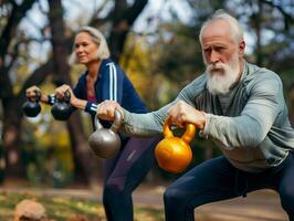 ai gerado Senior caucasiano homem e mulher fazendo exercício com kettlebell ao ar livre foto