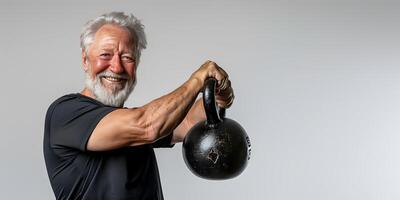 ai gerado Senior caucasiano homem fazendo exercício com kettlebell foto