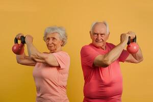 ai gerado Senior caucasiano homem e mulher fazendo exercício com kettlebell foto