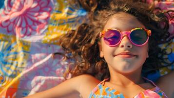 ai gerado pequeno menina dentro Rosa oculos de sol em repouso em praia, para providenciar uma visualmente atraente e relevante imagem para verão, férias, ou relaxamento temático foto