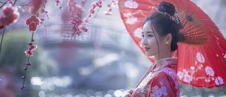 ai gerado graça no meio natureza. uma lindo mulher adornado dentro uma tradicional chinês cheongsam carrinhos dentro uma clássico jardim, segurando a papel oleado guarda-chuva, cercado de florescendo ameixa flores. foto