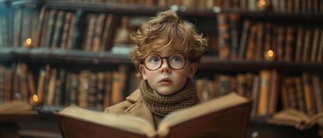 ai gerado uma curioso Garoto com de borda grossa óculos e cachecol lendo uma Grosso livro dentro uma biblioteca, mundo livro dia conceito foto