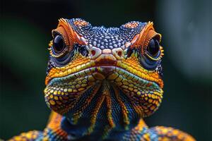 ai gerado fechar acima retrato do uma colorida lagarto dentro a natureza. foto