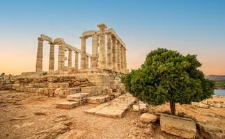 a famoso têmpora do Poseidon dentro Grécia com uma verde árvore às pôr do sol. dentro grego mitologia, a Deus do a mar. capa somião, ruínas do a antigo têmpora com azul céu. foto