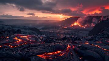 ai gerado vermelho-alaranjado lava fluxos sobre Cinzento carvão terreno às crepúsculo, capturando a transição a partir de dia para noite dentro uma dramático panorama foto