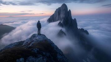 ai gerado solitário andarilho em alpino pico olhando às majestoso Visão no meio crepúsculo nuvens foto