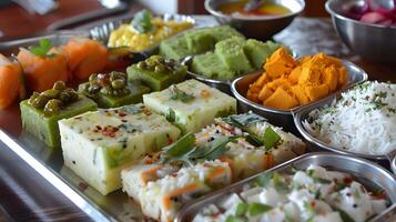 ai gerado gujarati lanche prato dhokla Khandvi e Mais luz e saboroso foto