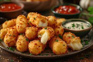 ai gerado uma prato do mozzarella Gravetos dentro a cozinha mesa profissional publicidade Comida fotografia foto