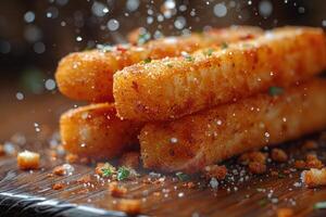 ai gerado uma prato do mozzarella Gravetos dentro a cozinha mesa profissional publicidade Comida fotografia foto