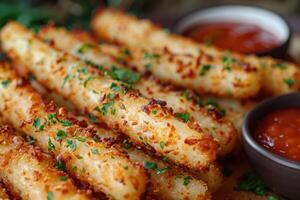 ai gerado uma prato do mozzarella Gravetos dentro a cozinha mesa profissional publicidade Comida fotografia foto