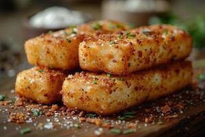 ai gerado uma prato do mozzarella Gravetos dentro a cozinha mesa profissional publicidade Comida fotografia foto