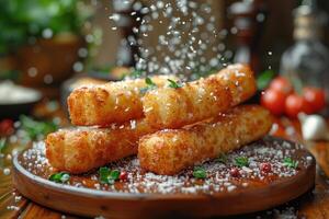 ai gerado uma prato do mozzarella Gravetos dentro a cozinha mesa profissional publicidade Comida fotografia foto