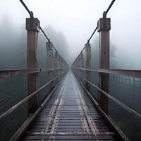 ai gerado suspensão ponte desaparecimento dentro névoa. foco em meio do ponte. shakey ponte foto