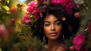ai gerado uma deslumbrante jovem afro americano mulher com uma impressionante Rosa arco de cabelo, dela pele exalando uma natural, saudável brilho, cercado de exuberante vegetação e vibrante flores foto