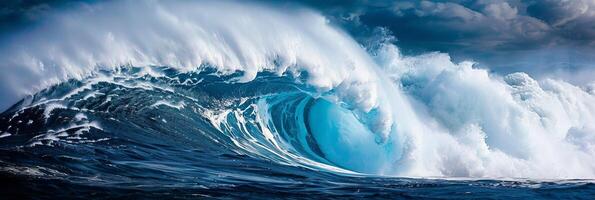 ai gerado espetacular colossal oceano onda falhando debaixo a Claro azul céu em uma ensolarado dia foto