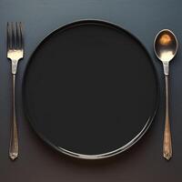 ai gerado hora de comer elegância topo Visão do Preto prato com utensílios para social meios de comunicação postar Tamanho foto