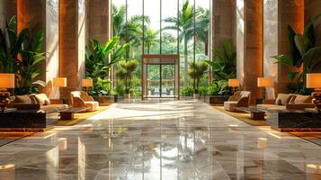 ai gerado luxuoso hotel lobby com mármore pavimentos exuberante plantas foto