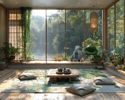 ai gerado zen meditação quarto com tatame tapetes uma baixo mesa foto