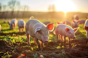 ai gerado porcos e leitões dentro turvar pasto às pôr do sol. foto