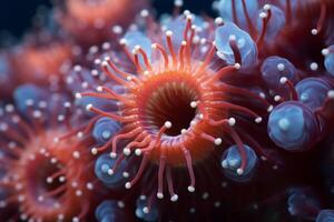 ai gerado uma fechar-se do uma coral pólipo capturando minúsculo plâncton. generativo ai foto