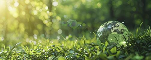 ai gerado verde globo. de Meio Ambiente sustentabilidade com ícones do por exemplo, co2 redução, circular economia, e internet zero tecnologia. promovendo sustentável o negócio práticas dentro harmonia com natureza. foto