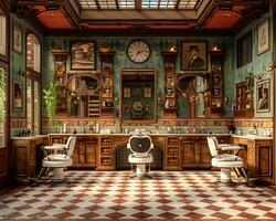 ai gerado vintage barbearia interior com clássico cadeiras e nostálgico decoração3d render foto