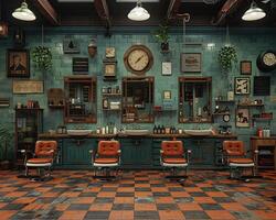 ai gerado vintage barbearia interior com clássico cadeiras e nostálgico decoração3d render foto