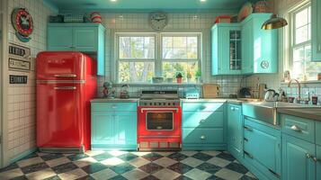 ai gerado vintage inspirado em jantar cozinha com xadrez pavimentos e retro eletrodomésticos3d render foto