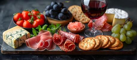 ai gerado borda do Comida iniciantes, prosciutto e parma presunto, biscoitos, queijos com vidro do vinho foto