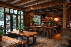 ai gerado da fazenda à mesa restaurante interior com rústico decoração e aberto cozinha foto