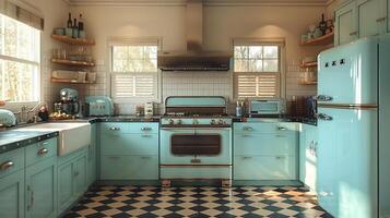 ai gerado vintage inspirado em jantar cozinha com xadrez pavimentos e retro eletrodomésticos foto