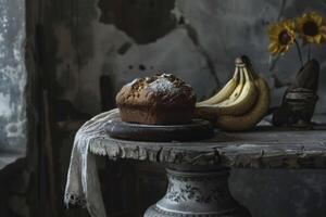 ai gerado banana pão em rústico mesa com girassóis dentro vaso e maduro bananas foto