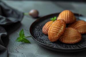 ai gerado madeleines pastelaria em prato com francês sobremesa elegância e doce indulgência foto