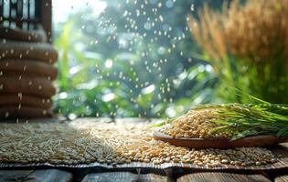 ai gerado fotografia obraz jasmim arroz dentro de madeira tigela e jasmim arroz em de madeira mesa foto