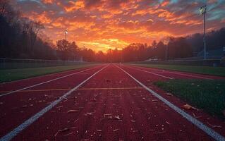 ai gerado rastrear e campo às pôr do sol. uma pôr do sol em uma rastrear às nitano leões futebol estádio foto