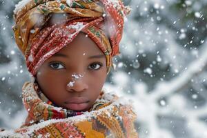 ai gerado africano menina inverno neve. gerar ai foto